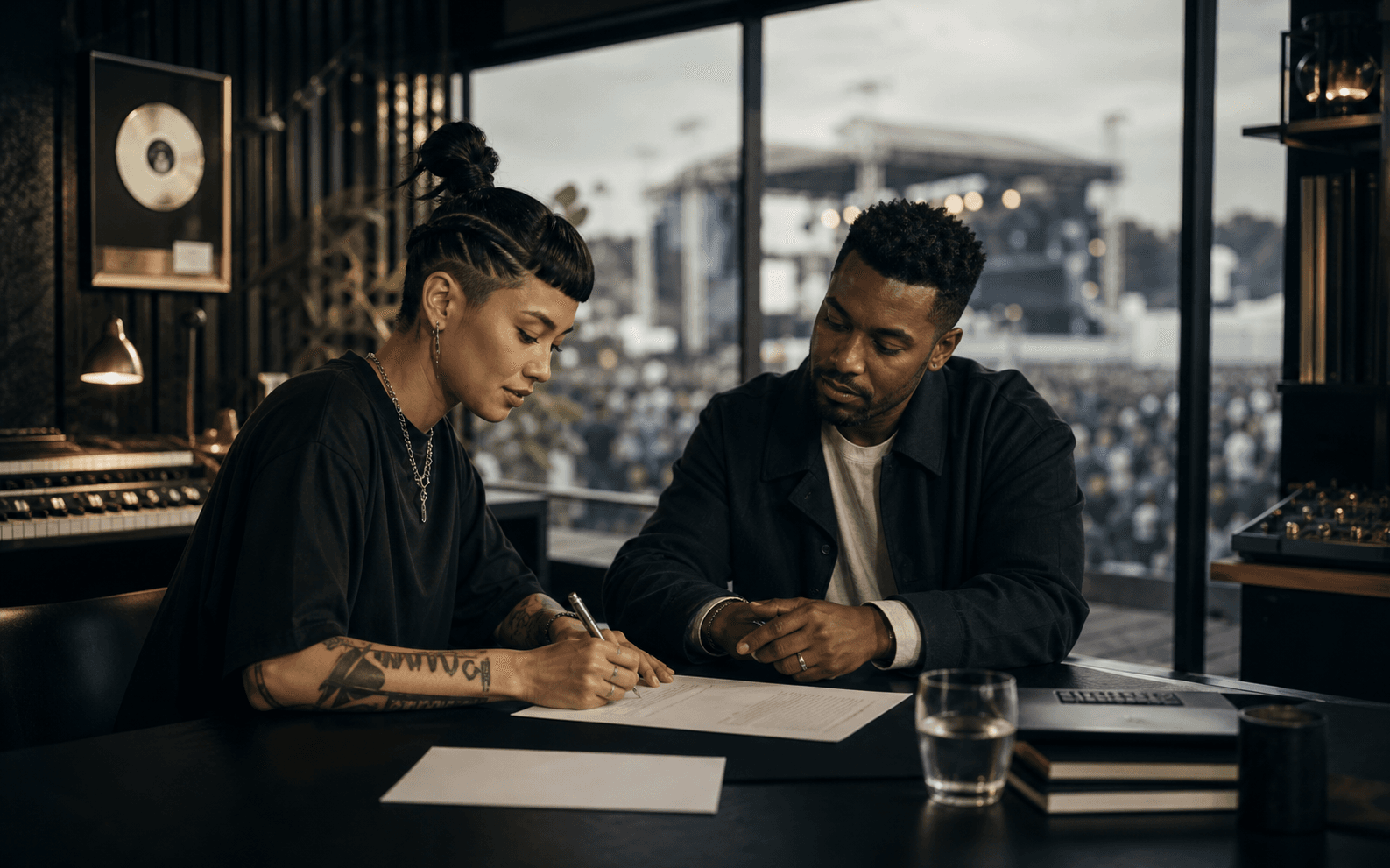 Artist and manager reviewing a professional agreement