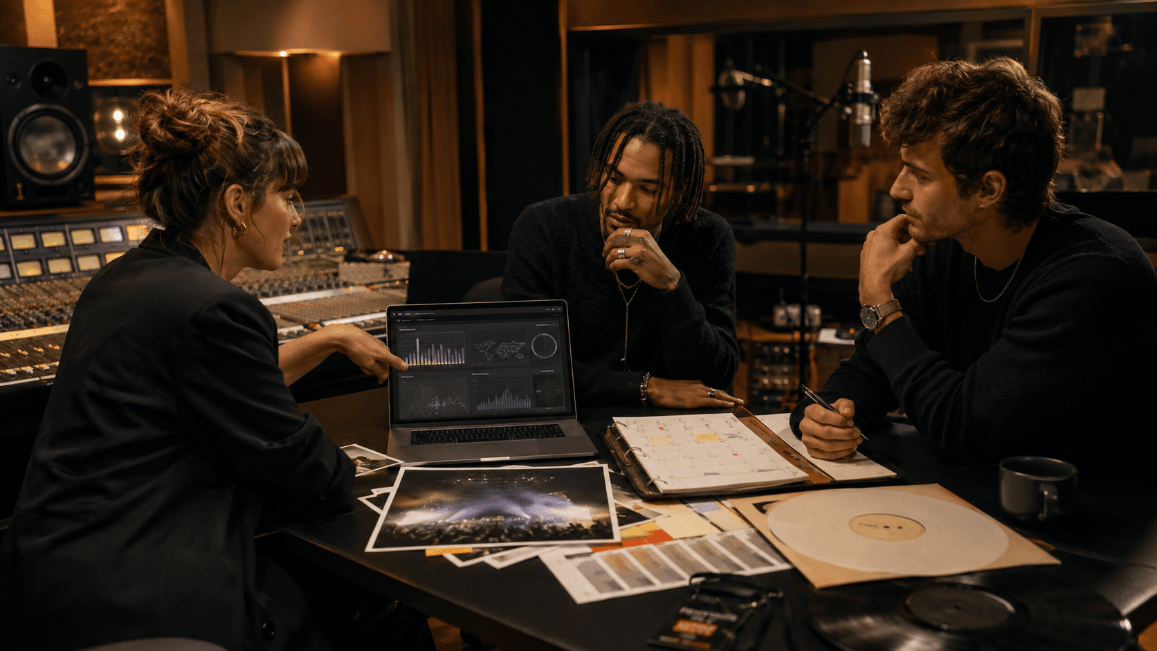 Recording artist and managers planning a release campaign in a professional studio