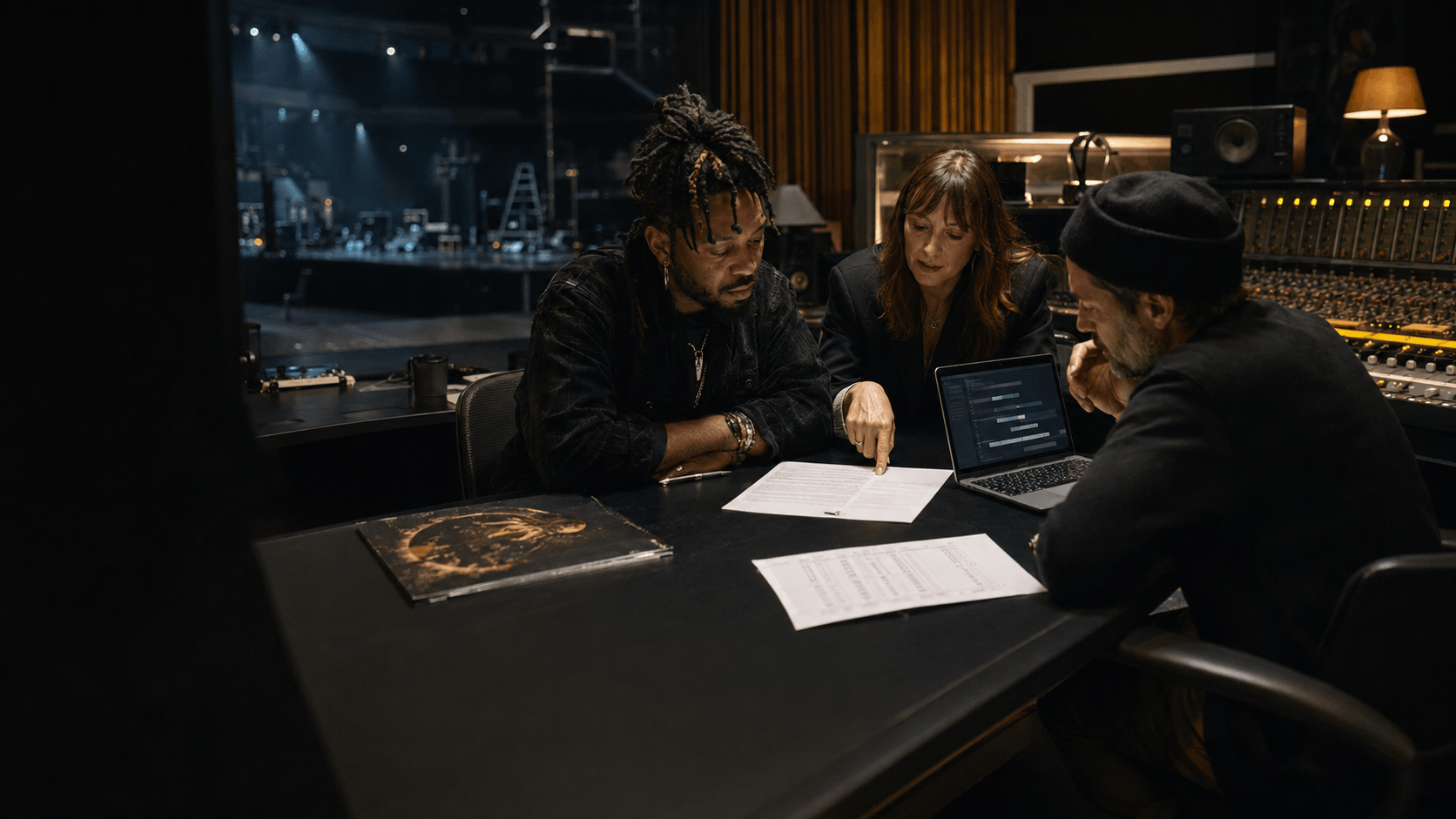 Recording artist, manager, and label representative reviewing a music agreement in a studio